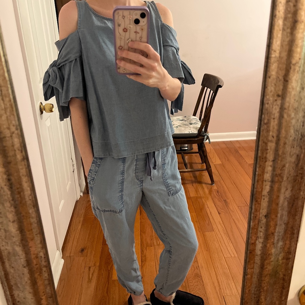 CONSIGNED Sea New York Denim Cold Shoulder Bow Tie Top